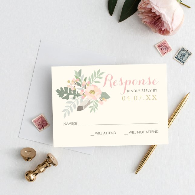 Ivory Pink and Gold Floral Boho Wedding RSVP Card (Creator Uploaded)