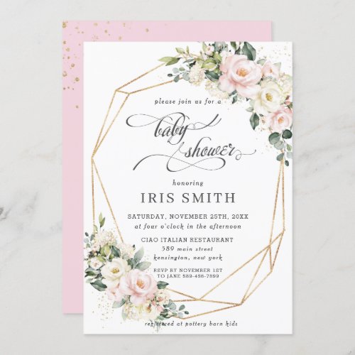 Ivory Pink Blush Floral Geometric Baby Shower  Invitation