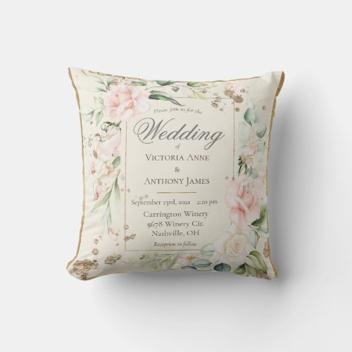 Ivory Pink Blush Romantic Floral Wedding  Throw Pillow