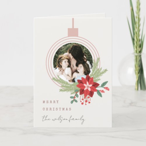 Ivory Pink Christmas Ornament Photo Poinsettia Holiday Card