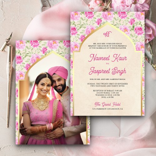 Ivory Pink Floral Photo Anand Karaj Sikh Wedding Invitation