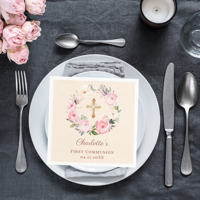 Ivory pink floral wreath First Communion luncheon Napkins (Creator Uploaded)