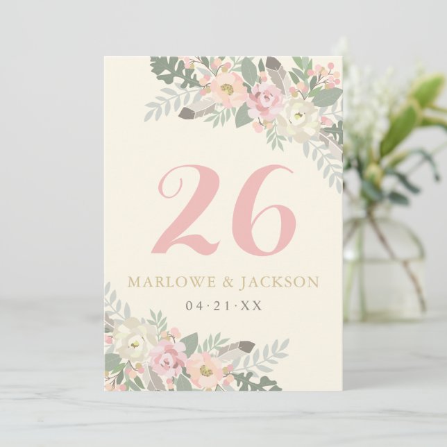 Ivory Pink Gold Boho Floral Table Number Card (Standing Front)