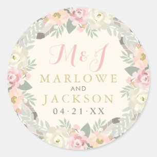 Ivory Pink Gold Floral Boho Monogram Wedding Classic Round Sticker
