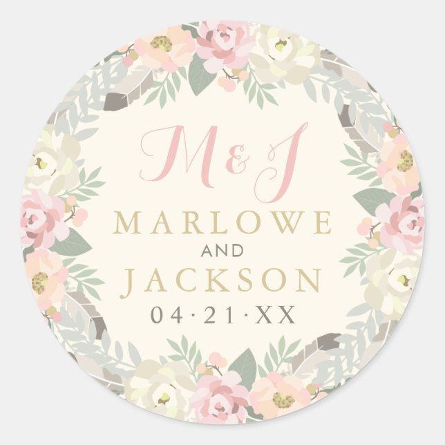 Ivory Pink Gold Floral Boho Monogram Wedding Classic Round Sticker (Front)