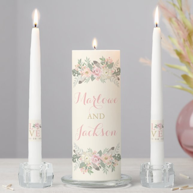 Ivory Pink Gold Floral Boho Wedding Monogram Unity Candle Set (In Situ)