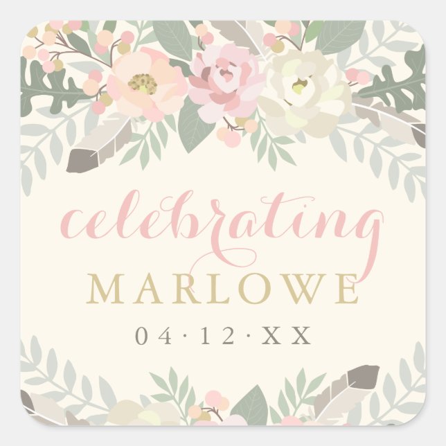 Ivory Pink Gold Floral Celebrating Bride Monogram Square Sticker (Front)