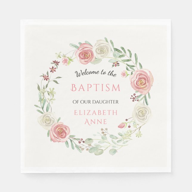 Ivory Pink Infant Baptism Party Girl Baby Floral Napkins (Front)