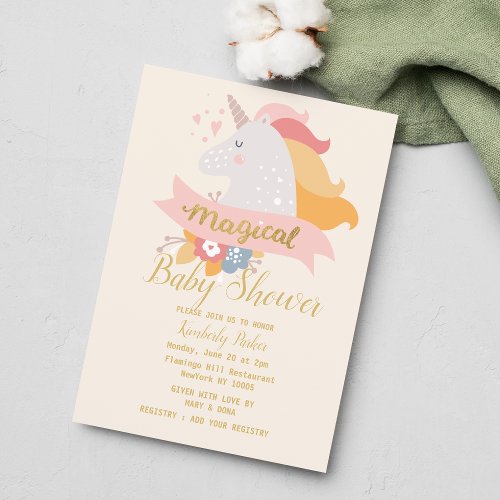 Ivory pink orange gold unicorn floral Baby Shower Invitation