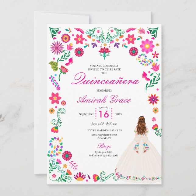 Ivory Pink Otomi Embroidery Quinceañera Invitation (Front)