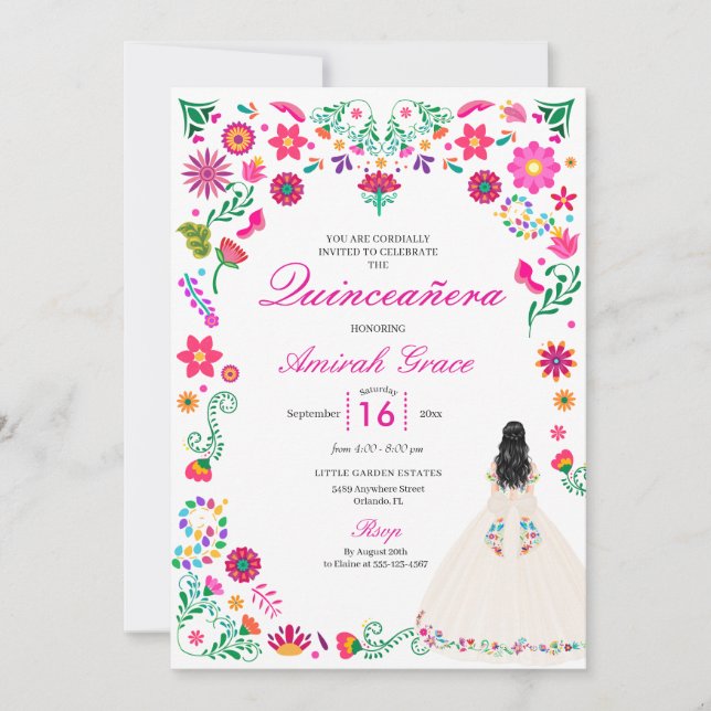 Ivory Pink Otomi Embroidery Quinceañera Invitation (Front)