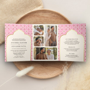 Ivory Pink Pattern All in One Indian Wedding Tri-Fold Invitation