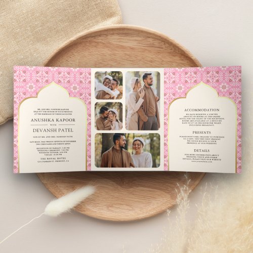 Ivory Pink Pattern All in One Indian Wedding Tri_Fold Invitation