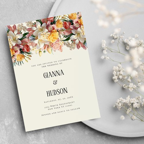 Ivory pink roses lilies orchids floral wedding  invitation
