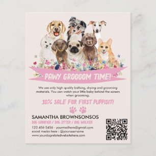 Ivory Pink Simple Floral Illustrated Dog groomer Flyer