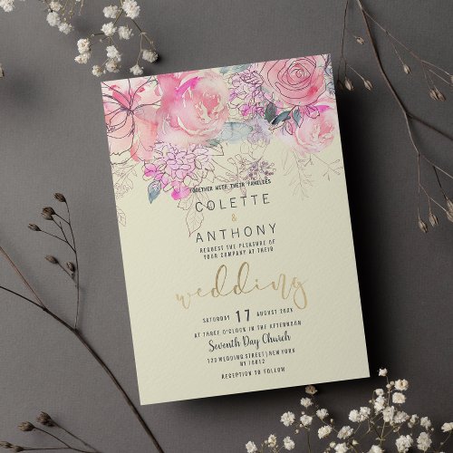 Ivory pink teal lavender floral bouquet Wedding Invitation