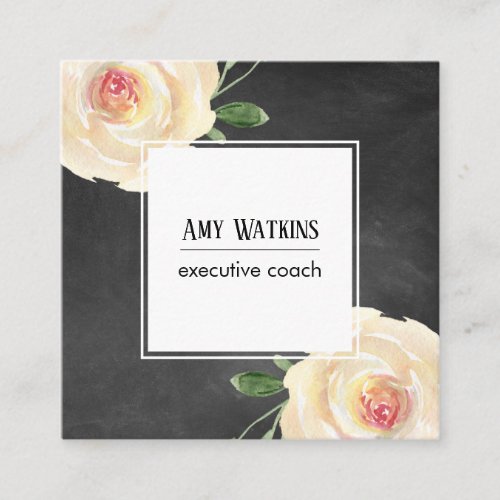Ivory Pink Watercolor Roses Chalkboard Background Square Business Card