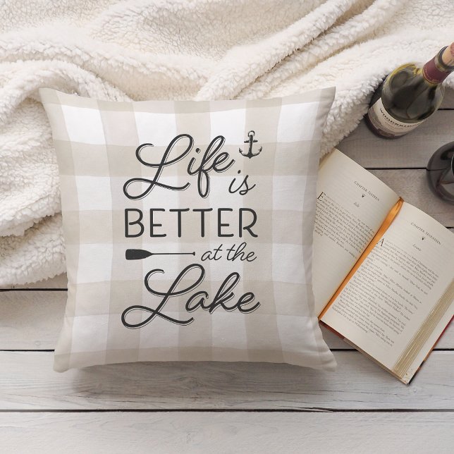 Ivory Plaid Life Is Better At the Lake Throw Pillow (Creator Uploaded)