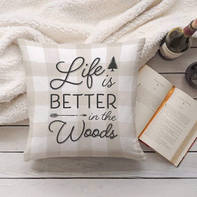 Ivory Plaid Life Is Better In The Woods Throw Pillow (Creator Uploaded)