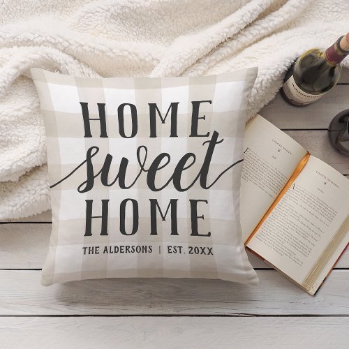 Ivory Plaid Personalized Home Sweet Home Throw Pillow