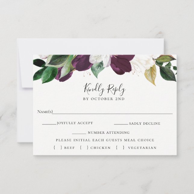 Ivory Plum Floral Wedding RSVP Meal Choice Card (Front)