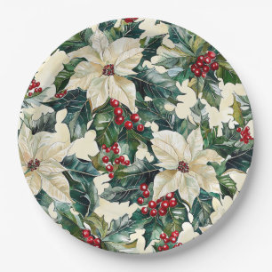 Ivory Poinsettia Crimson Berry Winter Foliage Paper Plates