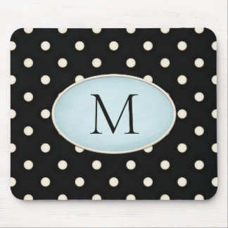 Ivory Polka Dots Black & Pale Blue Monogrammed Mouse Pad