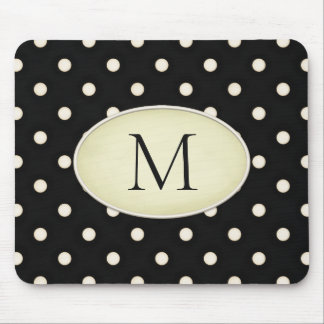 Ivory Polka Dots Black & Pale Yellow Monogrammed Mouse Pad