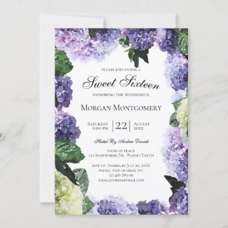 Ivory & Purple Hydrangeas | White Sweet Sixteen Invitation
