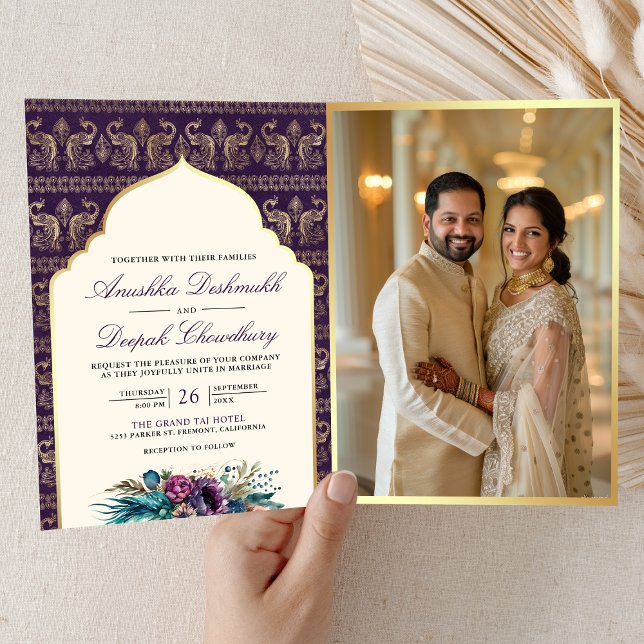 Ivory Purple Peacock Pattern Floral Indian Wedding Invitation (Creator Uploaded)