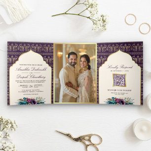 Ivory Purple Peacock Pattern Floral Indian Wedding Tri-Fold Invitation