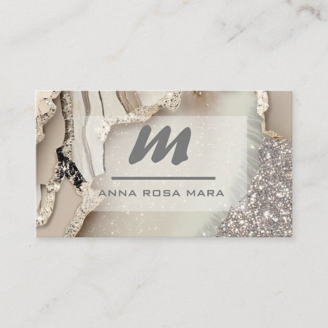 *~* Ivory QR Agate Glam Luxe Glitter Initial AP66 Business Card (Front)