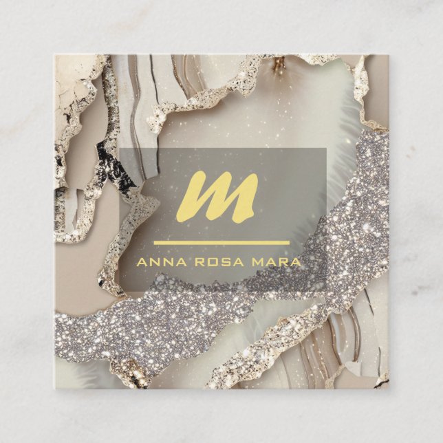*~* Ivory QR Agate Mauve Gold Glitter Initial AP66 Square Business Card (Front)