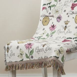 Ivory Queen Bee Floral Pattern Throw Blanket