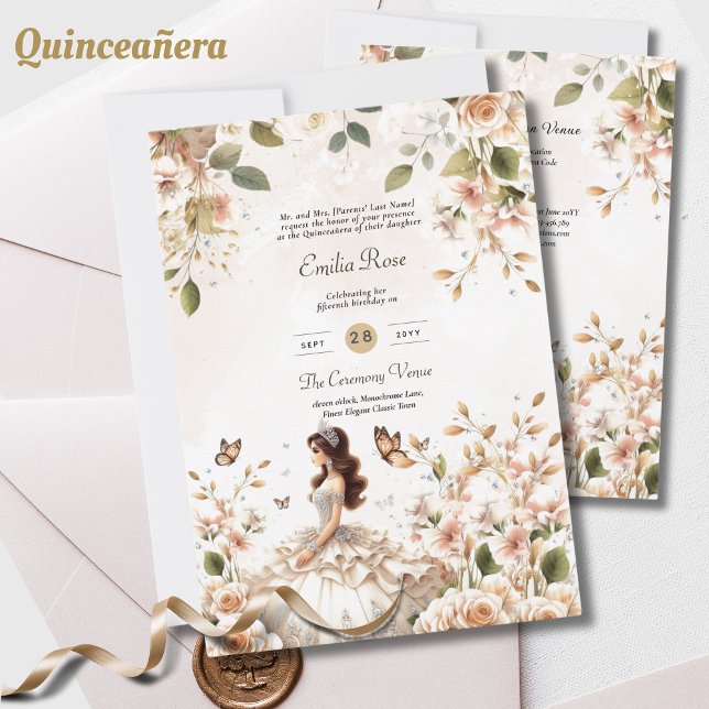 Ivory Quinceanera Dress Floral Butterflies Elegant Invitation (Creator Uploaded)