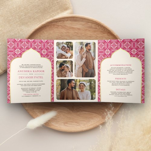 Ivory Rani Pink Pattern All in One Indian Wedding Tri_Fold Invitation