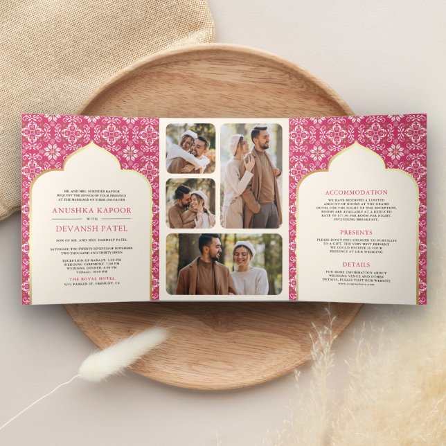 Ivory Rani Pink Pattern All in One Indian Wedding Tri-Fold Invitation (Creator Uploaded)