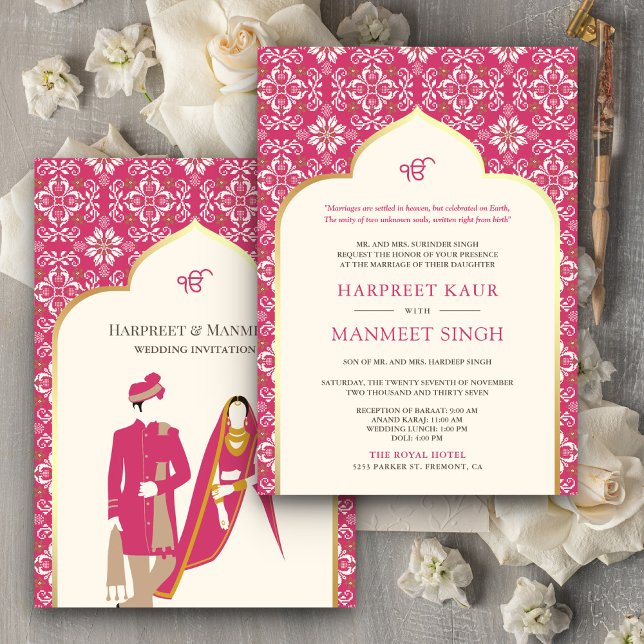 Ivory Rani Pink Pattern Anand Karaj Sikh Wedding Invitation (Creator Uploaded)