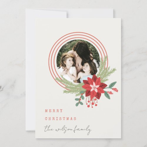 Ivory Red Circle Christmas Photo Poinsettia Floral Holiday Card