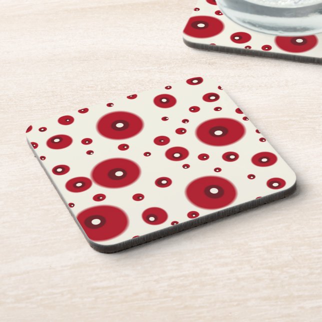 Ivory Red Dots Funky Whimsical Circle Pattern  Beverage Coaster (Left Side)