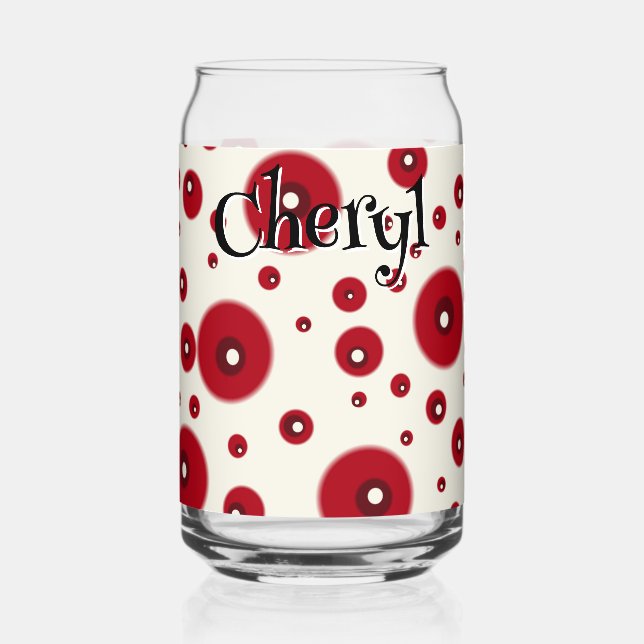 Ivory Red Dots Funky Whimsical Circle Pattern  Can Glass (Front)