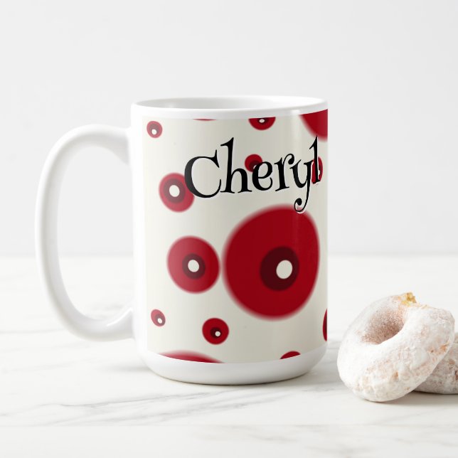 Ivory Red Dots Funky Whimsical Circle Pattern  Coffee Mug (With Donut)