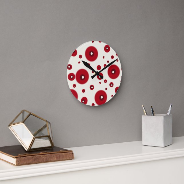 Ivory Red Dots Funky Whimsical Circle Pattern  Round Clock (Office)