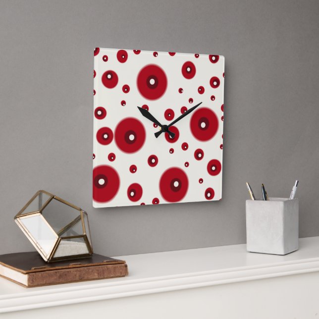 Ivory Red Dots Funky Whimsical Circle Pattern  Square Wall Clock (Office)