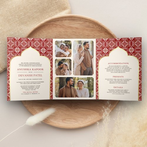 Ivory Red Pattern All in One Indian Wedding Tri_Fold Invitation