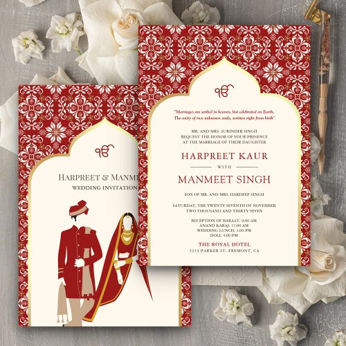 Ivory Red Pattern Anand Karaj Sikh Wedding Invitation