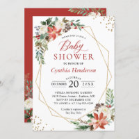 Ivory Red Poinsettia Floral Christmas Baby Shower Invitation