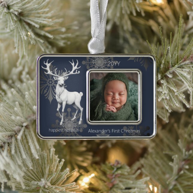 Ivory Reindeer Babys First Christmas | Blue Christmas Ornament (Tree)
