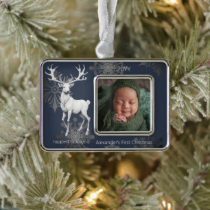 Ivory Reindeer Babys First Christmas Blue Ornament