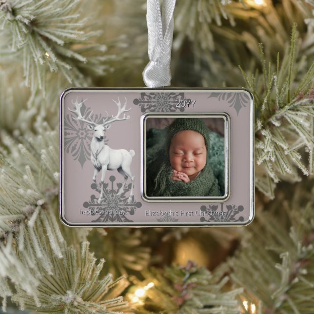 Ivory Reindeer Babys First Christmas | Pink Ornament (Tree)